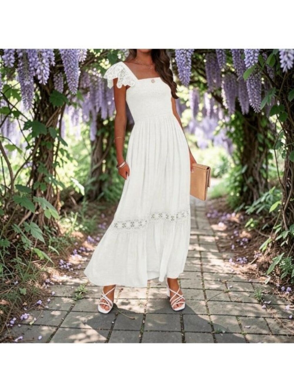 ZESICA Sz L White Boho Summer Lace Strap Smocked Maxi Dress Wedding Beach
